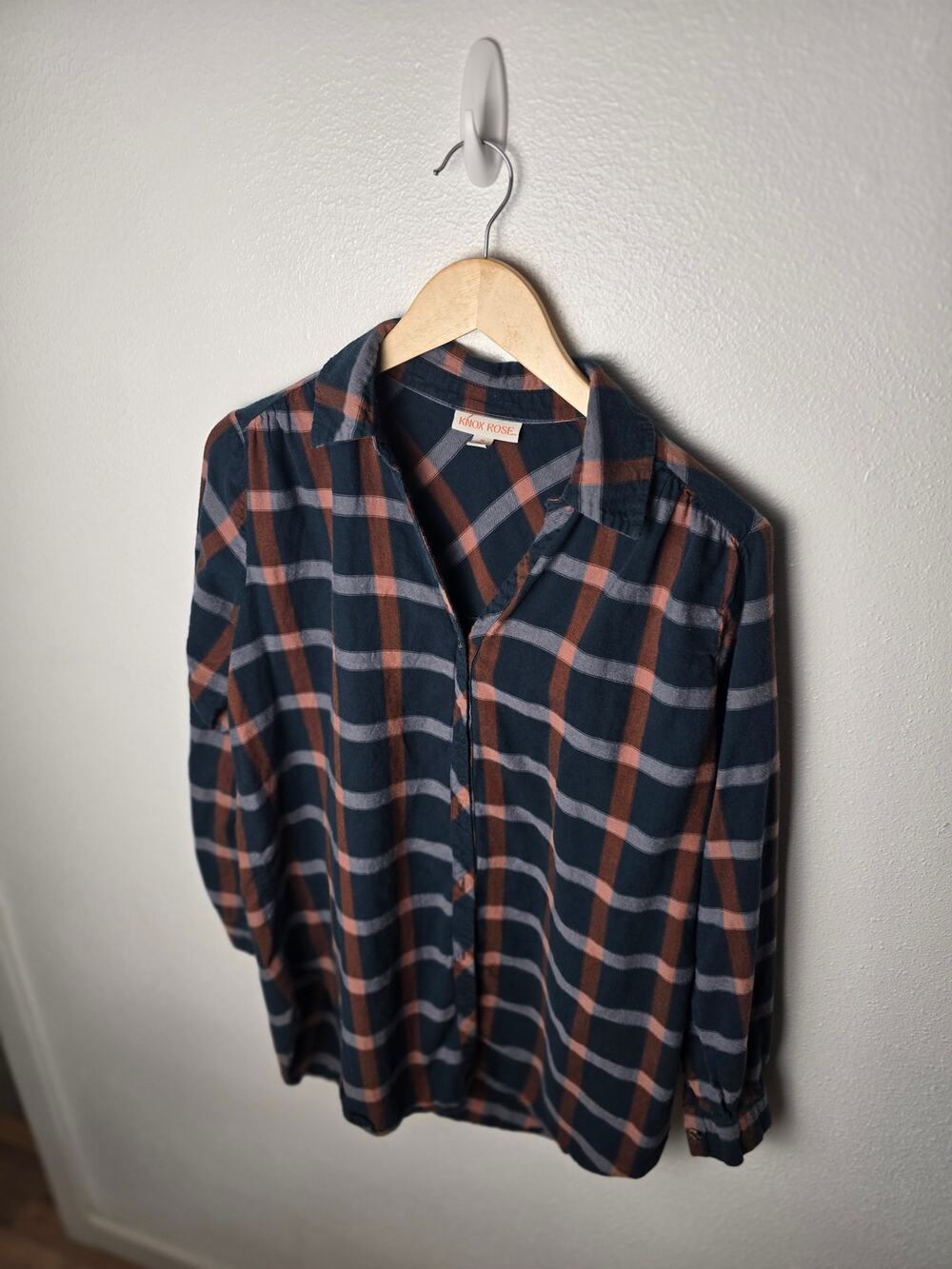 Knox Rose Plaid Shirt Womens M Navy Rust Button Down Long Sleeve Boho